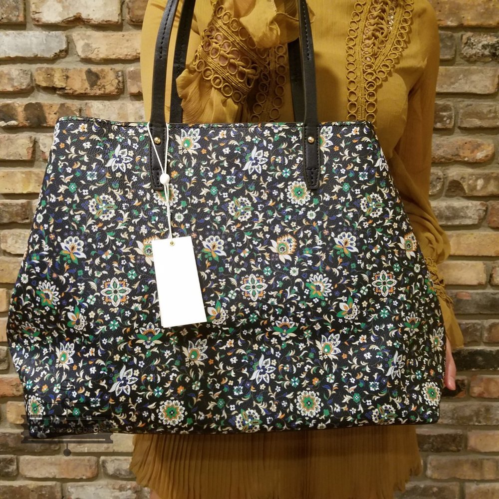 AUTHENTIC AND NEW Tory Burch Kerrington Square Tote Navy Floral - Picture 2 of 8